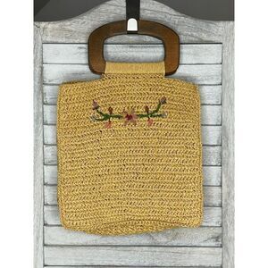 Vintage Seagrass Handbag With Wooden Handles and Embroidered Flowers